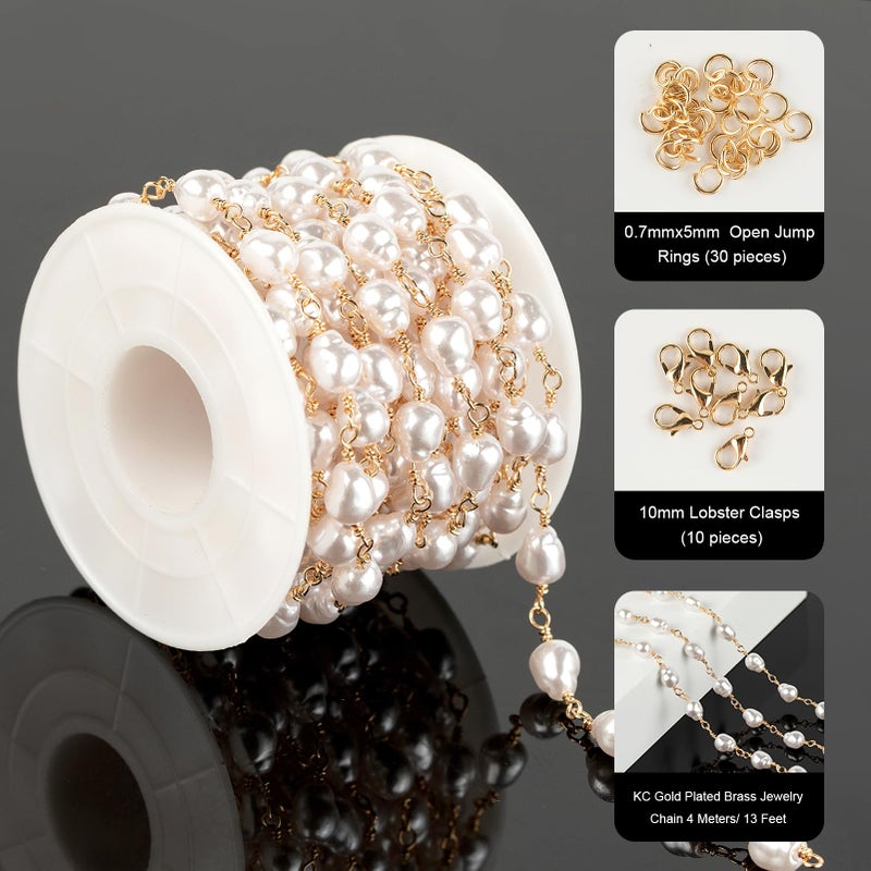 YOUBEIYEE 13 Feet Imitation Pearl Bead Chain Bulk KC Gold Plated Brass Jewelry Chain for Jewelry Making Necklace Bracelet DIY Handmade Craft Chain Roll - Image 2